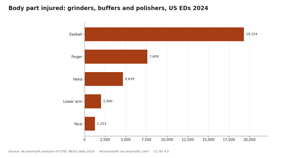 Horizontal bar chart of estimated 2024 US emergency department injuries involving workshop grinders, buffers and polishers by body part. The eyeball bar is by far the longest (48% were eye injuries), followed by finger, hand, lower arm and face.