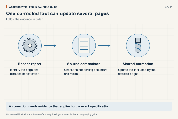 One corrected fact can update several pages. Reader report: Identify the page and disputed specification. Source comparison: Check the supporting document and model. Shared correction: Update the fact used by the affected pages.