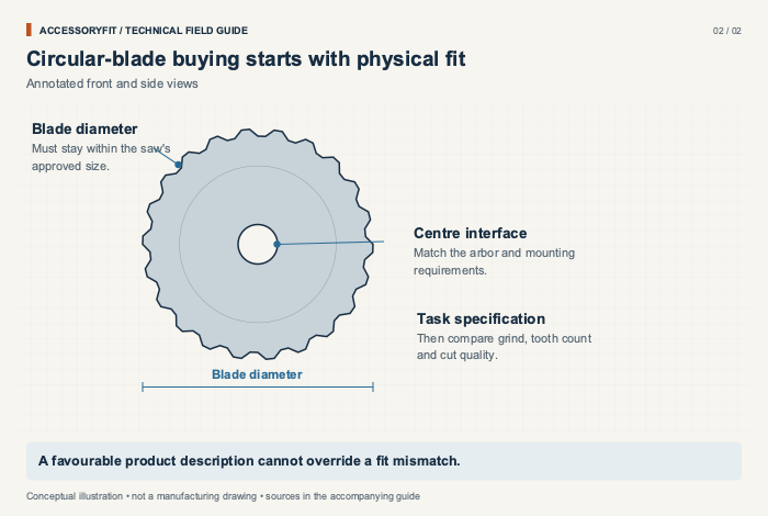 Circular-blade buying starts with physical fit. Blade diameter: Must stay within the saw's approved size. Centre interface: Match the arbor and mounting requirements. Task specification: Then compare grind, tooth count and cut quality.