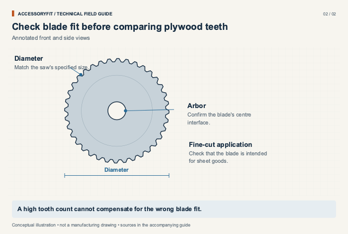 Check blade fit before comparing plywood teeth. Diameter: Match the saw's specified size. Arbor: Confirm the blade's centre interface. Fine-cut application: Check that the blade is intended for sheet goods.