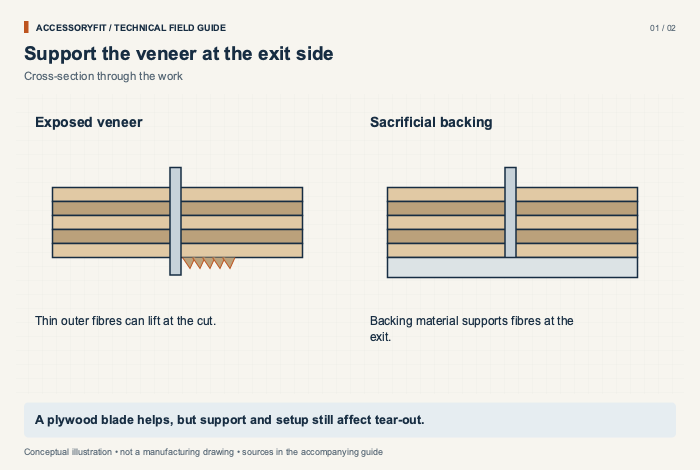 Support the veneer at the exit side. Exposed veneer: Thin outer fibres can lift at the cut. Sacrificial backing: Backing material supports fibres at the exit.