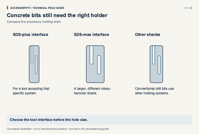 Concrete bits still need the right holder. SDS-plus interface: For a tool accepting that specific system. SDS-max interface: A larger, different rotary-hammer shank. Other shanks: Conventional drill bits use other holding systems.