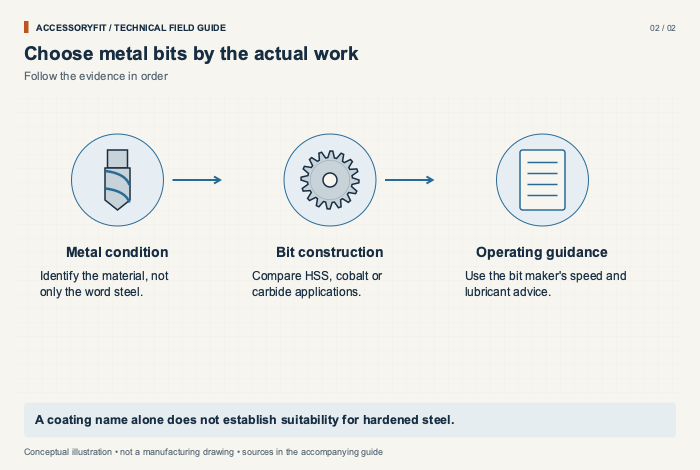 Choose metal bits by the actual work. Metal condition: Identify the material, not only the word steel. Bit construction: Compare HSS, cobalt or carbide applications. Operating guidance: Use the bit maker's speed and lubricant advice.