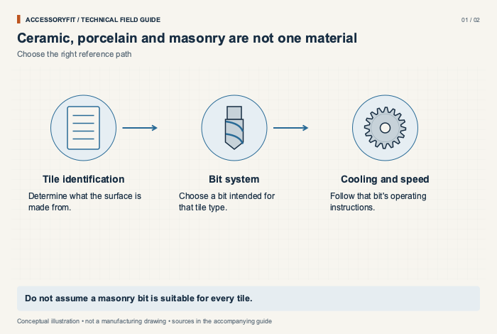 Ceramic, porcelain and masonry are not one material. Tile identification: Determine what the surface is made from. Bit system: Choose a bit intended for that tile type. Cooling and speed: Follow that bit's operating instructions.