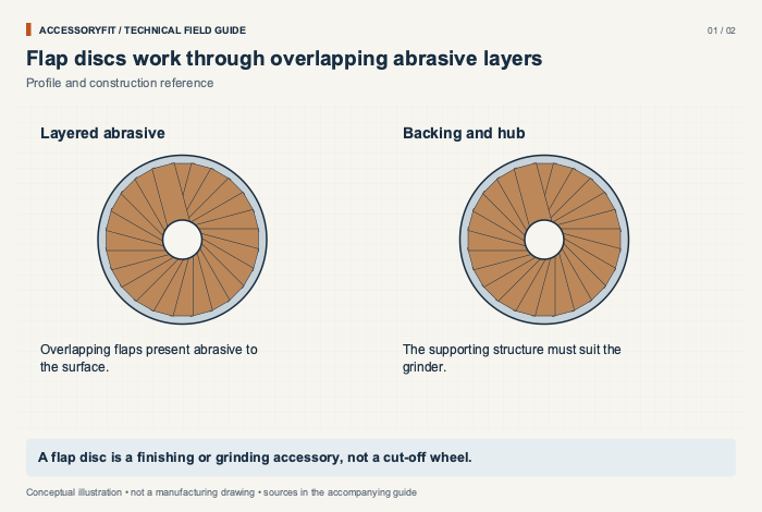 Flap discs work through overlapping abrasive layers. Layered abrasive: Overlapping flaps present abrasive to the surface. Backing and hub: The supporting structure must suit the grinder.