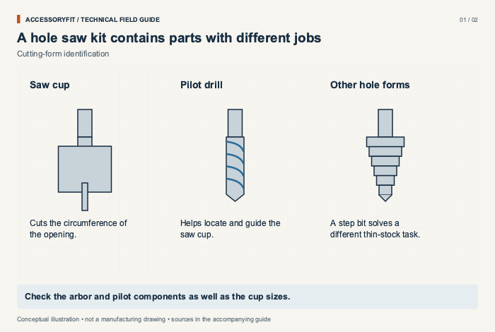 A hole saw kit contains parts with different jobs. Saw cup: Cuts the circumference of the opening. Pilot drill: Helps locate and guide the saw cup. Other hole forms: A step bit solves a different thin-stock task.