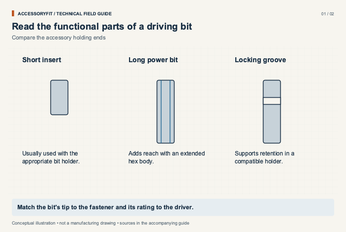 Read the functional parts of a driving bit. Short insert: Usually used with the appropriate bit holder. Long power bit: Adds reach with an extended hex body. Locking groove: Supports retention in a compatible holder.