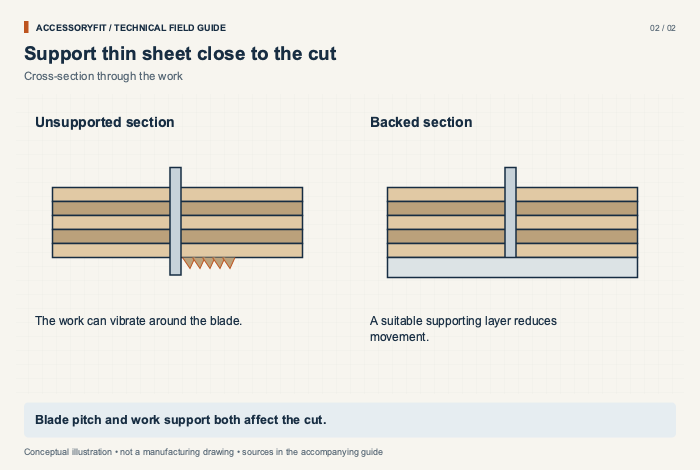 Support thin sheet close to the cut. Unsupported section: The work can vibrate around the blade. Backed section: A suitable supporting layer reduces movement.