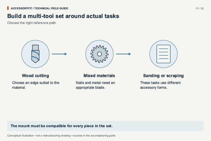 Build a multi-tool set around actual tasks. Wood cutting: Choose an edge suited to the material. Mixed materials: Nails and metal need an appropriate blade. Sanding or scraping: These tasks use different accessory forms.