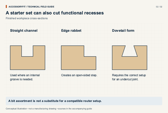 A starter set can also cut functional recesses. Straight channel: Used where an internal groove is needed. Edge rabbet: Creates an open-sided step. Dovetail form: Requires the correct setup for an undercut joint.