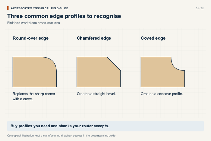 Three common edge profiles to recognise. Round-over edge: Replaces the sharp corner with a curve. Chamfered edge: Creates a straight bevel. Coved edge: Creates a concave profile.