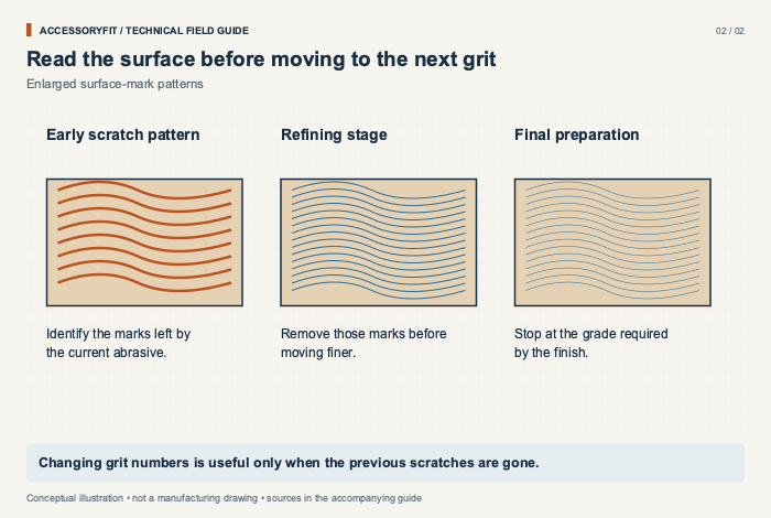 Read the surface before moving to the next grit. Early scratch pattern: Identify the marks left by the current abrasive. Refining stage: Remove those marks before moving finer. Final preparation: Stop at the grade required by the finish.