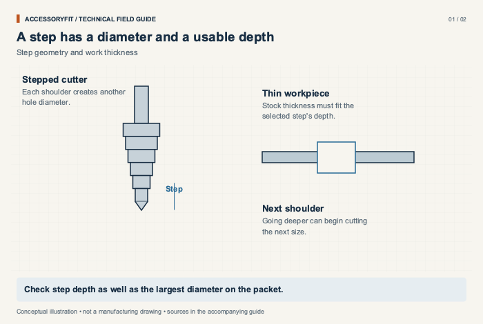 A step has a diameter and a usable depth. Stepped cutter: Each shoulder creates another hole diameter. Thin workpiece: Stock thickness must fit the selected step's depth. Next shoulder: Going deeper can begin cutting the next size.