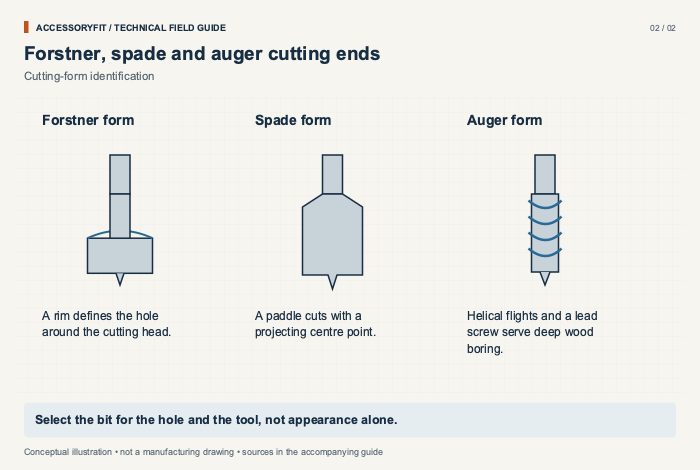 Forstner, spade and auger cutting ends. Forstner form: A rim defines the hole around the cutting head. Spade form: A paddle cuts with a projecting centre point. Auger form: Helical flights and a lead screw serve deep wood boring.