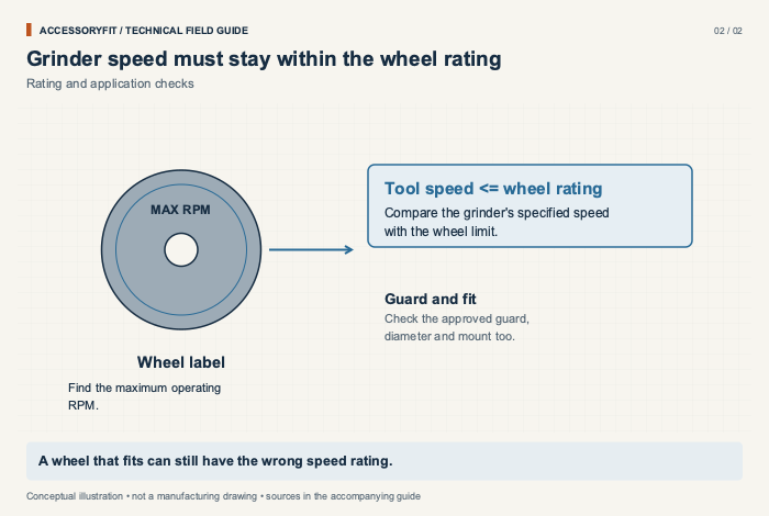 Grinder speed must stay within the wheel rating. Wheel label: Find the maximum operating RPM. Tool speed <= wheel rating: Compare the grinder's specified speed with the wheel limit. Guard and fit: Check the approved guard, diameter and mount too.