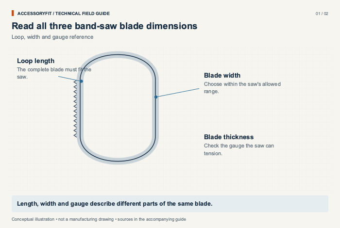 Read all three band-saw blade dimensions. Loop length: The complete blade must fit the saw. Blade width: Choose within the saw's allowed range. Blade thickness: Check the gauge the saw can tension.