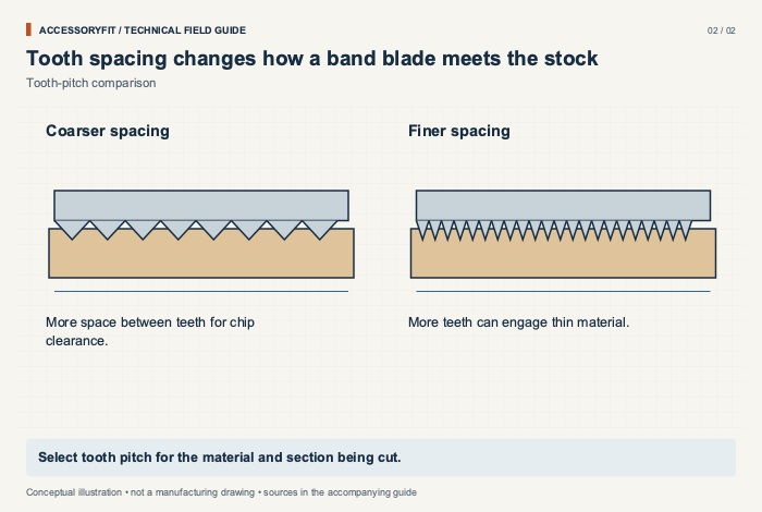 Tooth spacing changes how a band blade meets the stock. Coarser spacing: More space between teeth for chip clearance. Finer spacing: More teeth can engage thin material.