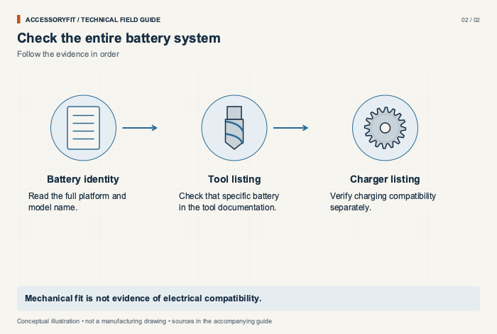 Check the entire battery system. Battery identity: Read the full platform and model name. Tool listing: Check that specific battery in the tool documentation. Charger listing: Verify charging compatibility separately.