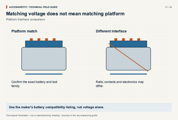 Matching voltage does not mean matching platform. Platform match: Confirm the exact battery and tool family. Different interface: Rails, contacts and electronics may differ.