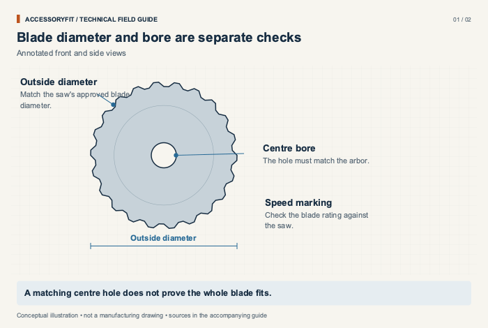 Blade diameter and bore are separate checks. Outside diameter: Match the saw's approved blade diameter. Centre bore: The hole must match the arbor. Speed marking: Check the blade rating against the saw.