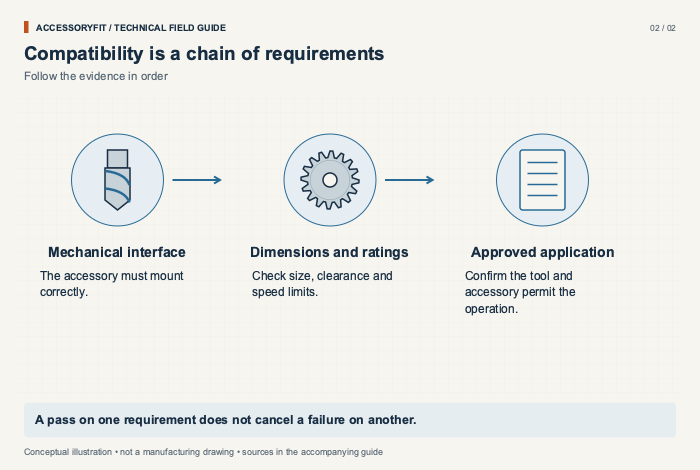 Compatibility is a chain of requirements. Mechanical interface: The accessory must mount correctly. Dimensions and ratings: Check size, clearance and speed limits. Approved application: Confirm the tool and accessory permit the operation.