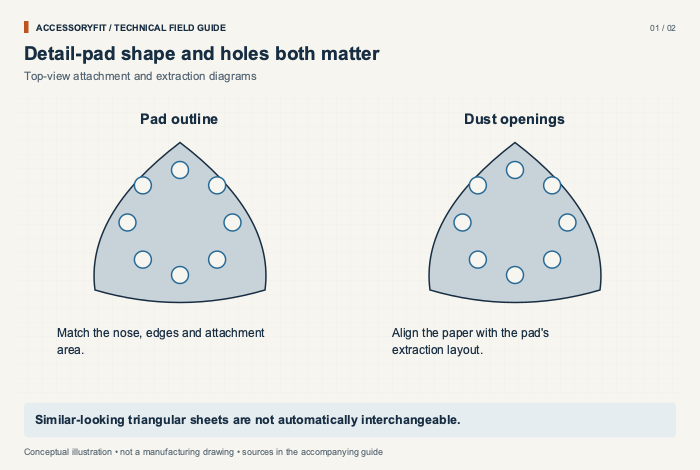 Detail-pad shape and holes both matter. Pad outline: Match the nose, edges and attachment area. Dust openings: Align the paper with the pad's extraction layout.