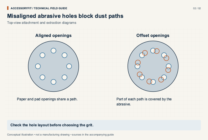 Misaligned abrasive holes block dust paths. Aligned openings: Paper and pad openings share a path. Offset openings: Part of each path is covered by the abrasive.