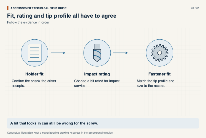 Fit, rating and tip profile all have to agree. Holder fit: Confirm the shank the driver accepts. Impact rating: Choose a bit rated for impact service. Fastener fit: Match the tip profile and size to the recess.