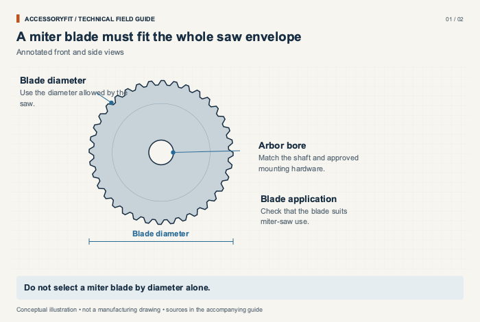 A miter blade must fit the whole saw envelope. Blade diameter: Use the diameter allowed by the saw. Arbor bore: Match the shaft and approved mounting hardware. Blade application: Check that the blade suits miter-saw use.