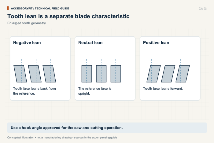 Tooth lean is a separate blade characteristic. Negative lean: Tooth face leans back from the reference. Neutral lean: The reference face is upright. Positive lean: Tooth face leans forward.