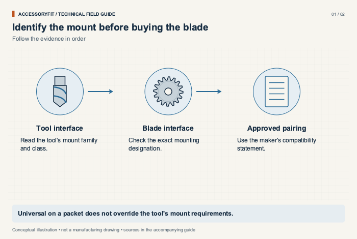 Identify the mount before buying the blade. Tool interface: Read the tool's mount family and class. Blade interface: Check the exact mounting designation. Approved pairing: Use the maker's compatibility statement.