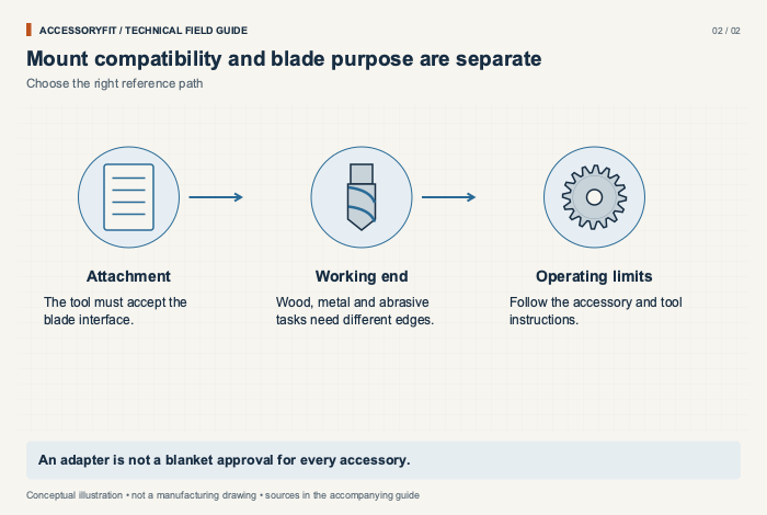 Mount compatibility and blade purpose are separate. Attachment: The tool must accept the blade interface. Working end: Wood, metal and abrasive tasks need different edges. Operating limits: Follow the accessory and tool instructions.