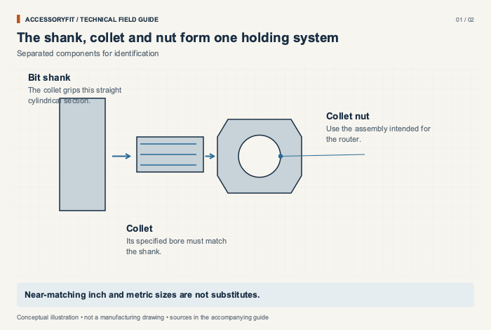 The shank, collet and nut form one holding system. Bit shank: The collet grips this straight cylindrical section. Collet: Its specified bore must match the shank. Collet nut: Use the assembly intended for the router.