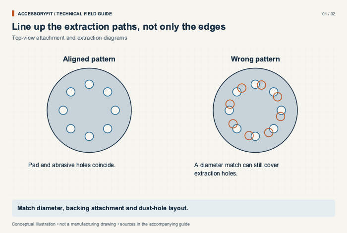 Line up the extraction paths, not only the edges. Aligned pattern: Pad and abrasive holes coincide. Wrong pattern: A diameter match can still cover extraction holes.