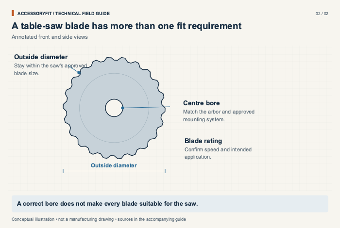 A table-saw blade has more than one fit requirement. Outside diameter: Stay within the saw's approved blade size. Centre bore: Match the arbor and approved mounting system. Blade rating: Confirm speed and intended application.
