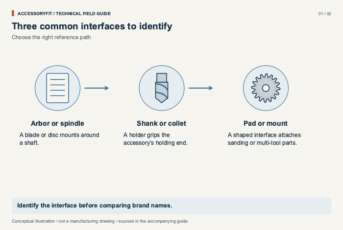 Three common interfaces to identify. Arbor or spindle: A blade or disc mounts around a shaft. Shank or collet: A holder grips the accessory's holding end. Pad or mount: A shaped interface attaches sanding or multi-tool parts.