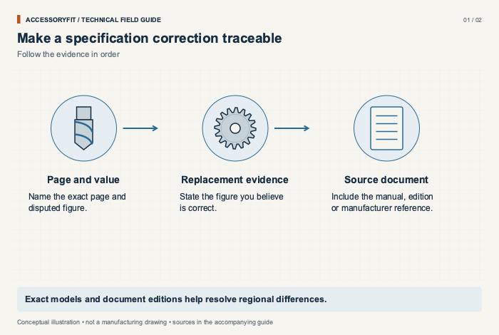 Make a specification correction traceable. Page and value: Name the exact page and disputed figure. Replacement evidence: State the figure you believe is correct. Source document: Include the manual, edition or manufacturer reference.