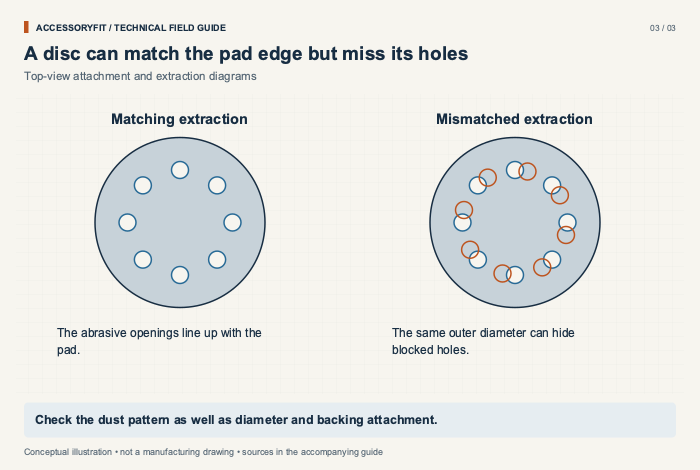 A disc can match the pad edge but miss its holes. Matching extraction: The abrasive openings line up with the pad. Mismatched extraction: The same outer diameter can hide blocked holes.