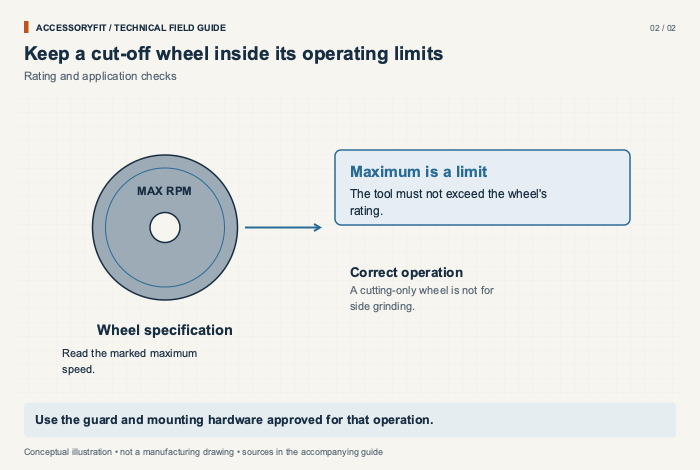 Keep a cut-off wheel inside its operating limits. Wheel specification: Read the marked maximum speed. Maximum is a limit: The tool must not exceed the wheel's rating. Correct operation: A cutting-only wheel is not for side grinding.