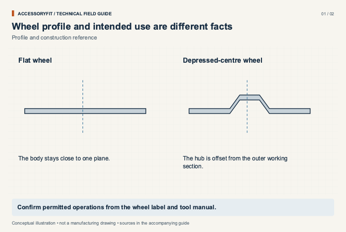 Wheel profile and intended use are different facts. Flat wheel: The body stays close to one plane. Depressed-centre wheel: The hub is offset from the outer working section.