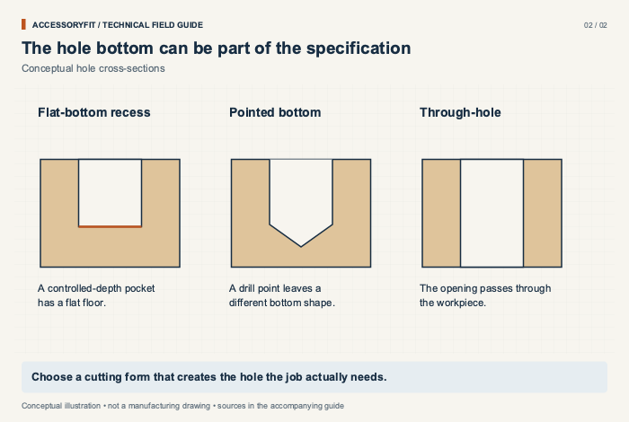 The hole bottom can be part of the specification. Flat-bottom recess: A controlled-depth pocket has a flat floor. Pointed bottom: A drill point leaves a different bottom shape. Through-hole: The opening passes through the workpiece.