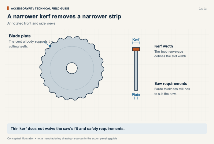 A narrower kerf removes a narrower strip. Blade plate: The central body supports the cutting teeth. Kerf width: The tooth envelope defines the slot width. Saw requirements: Blade thickness still has to suit the saw.