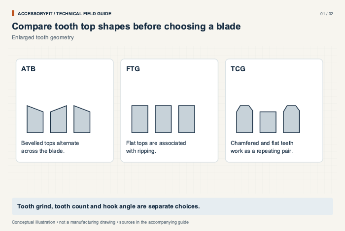 Compare tooth top shapes before choosing a blade. ATB: Bevelled tops alternate across the blade. FTG: Flat tops are associated with ripping. TCG: Chamfered and flat teeth work as a repeating pair.