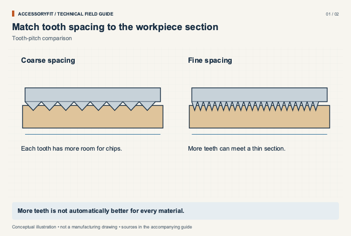 Match tooth spacing to the workpiece section. Coarse spacing: Each tooth has more room for chips. Fine spacing: More teeth can meet a thin section.