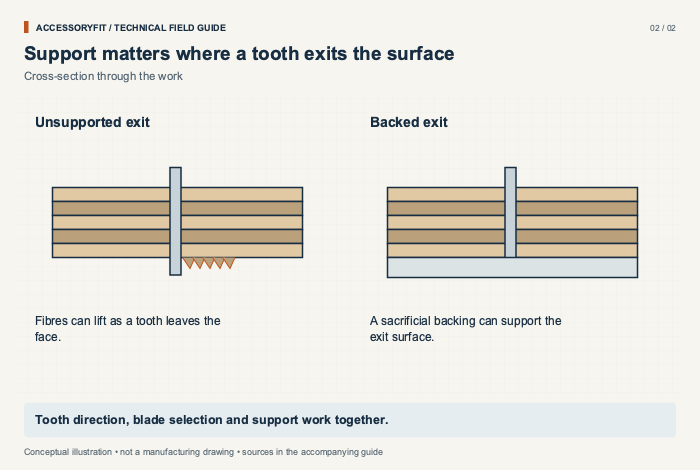 Support matters where a tooth exits the surface. Unsupported exit: Fibres can lift as a tooth leaves the face. Backed exit: A sacrificial backing can support the exit surface.