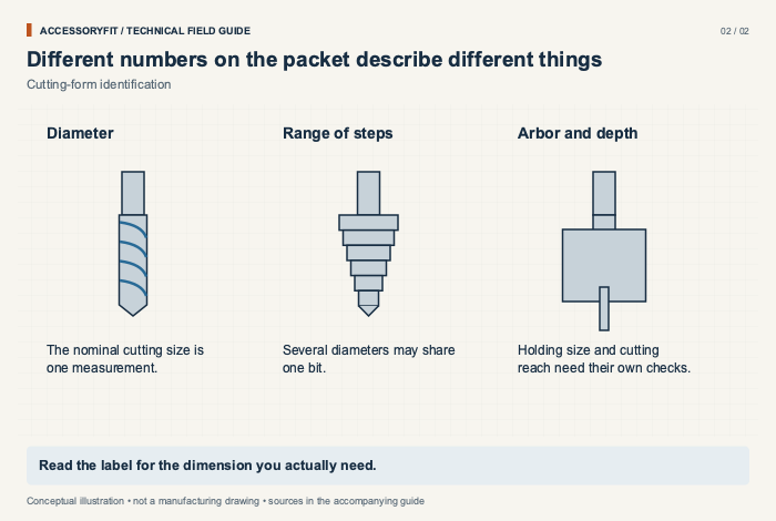 Different numbers on the packet describe different things. Diameter: The nominal cutting size is one measurement. Range of steps: Several diameters may share one bit. Arbor and depth: Holding size and cutting reach need their own checks.