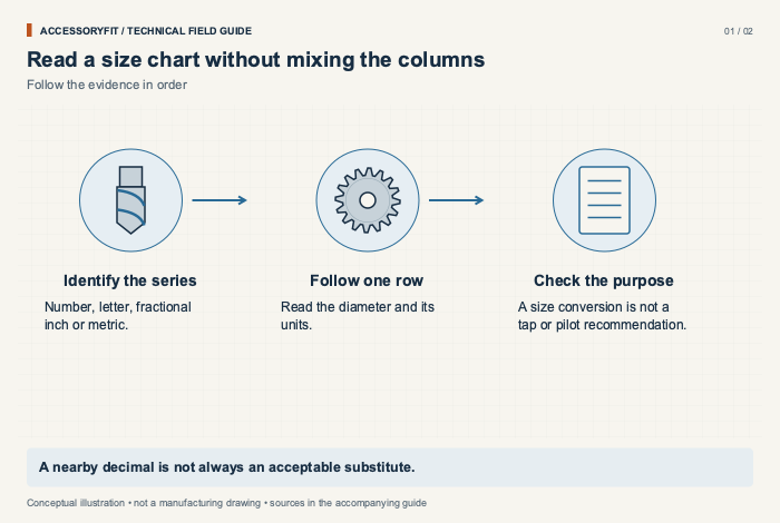 Read a size chart without mixing the columns. Identify the series: Number, letter, fractional inch or metric. Follow one row: Read the diameter and its units. Check the purpose: A size conversion is not a tap or pilot recommendation.