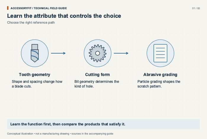 Learn the attribute that controls the choice. Tooth geometry: Shape and spacing change how a blade cuts. Cutting form: Bit geometry determines the kind of hole. Abrasive grading: Particle grading shapes the scratch pattern.