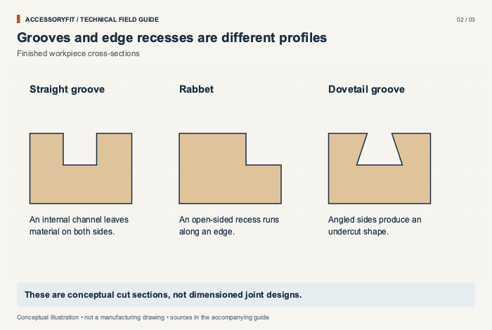 Grooves and edge recesses are different profiles. Straight groove: An internal channel leaves material on both sides. Rabbet: An open-sided recess runs along an edge. Dovetail groove: Angled sides produce an undercut shape.
