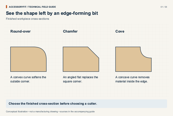 See the shape left by an edge-forming bit. Round-over: A convex curve softens the outside corner. Chamfer: An angled flat replaces the square corner. Cove: A concave curve removes material inside the edge.